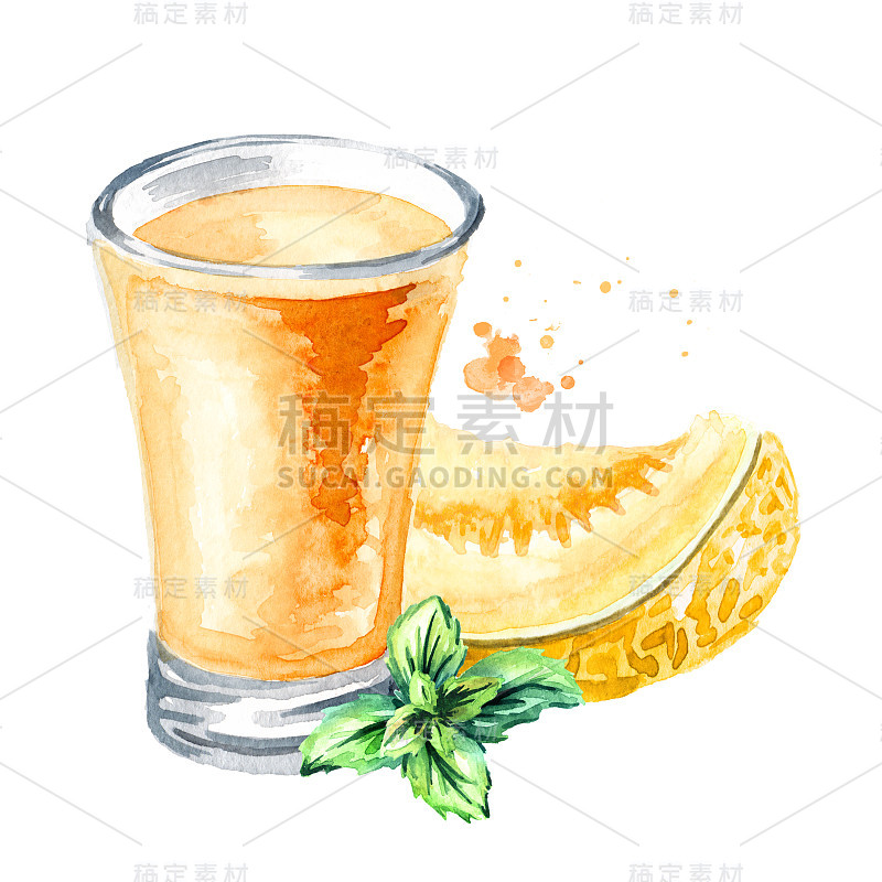 一杯甜瓜汁和一片甜瓜。水彩手绘插图，孤立的白色背景