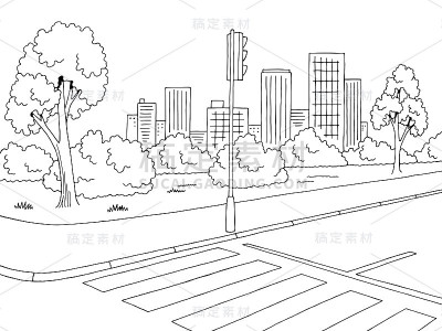 街道道路图形黑白城市景观素描插图矢量