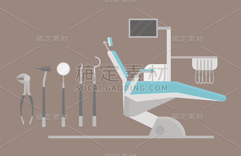 平面保健牙医椅研究医疗保健概念和医疗器械卫生口腔工程矢量插图