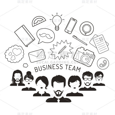 平面风格的商业团队管理的矢量插图。人们面对图标集合。