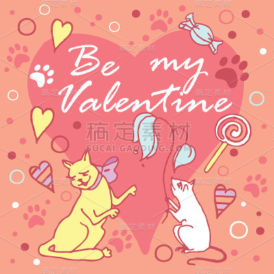 是我的情人。彩色布局与可爱的猫和老鼠，心形和花朵