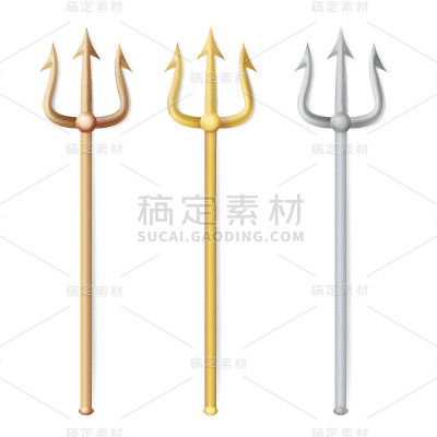 海神三叉戟向量。现实的3D剪影海王星或波塞冬武器。尖叉物体。在白色背景上孤立