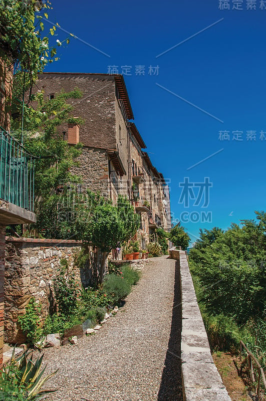 Colle di Val d'Elsa小镇的街景，鹅卵石人行道，开花的植物和蓝色的阳光天空。