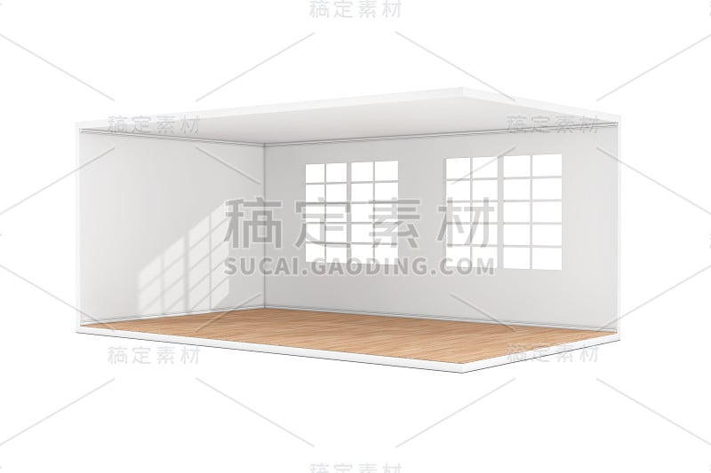 空房间内部有大窗户和木地板。3d渲染