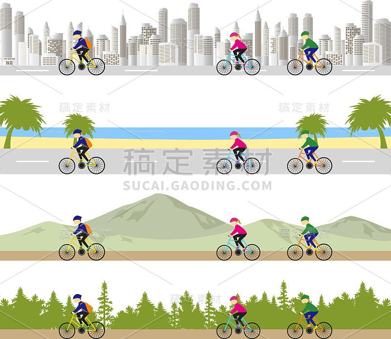 4种类型的风景和骑自行车的城市、海滩、山区、森林