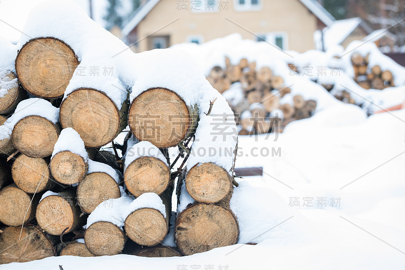 冬天的雪堆下的原木，背景，选择性聚焦，色调