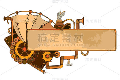 矢量画的轮廓蒸汽朋克水平框架与机械齿轮和管道在米黄色和棕色孤立的白色背景。