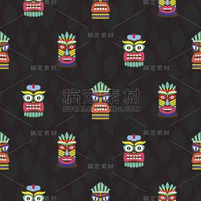 彩色提基面具图腾无缝黑暗模式向量