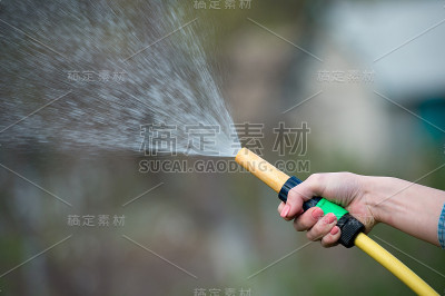 用洒水车手动浇灌花园，特写