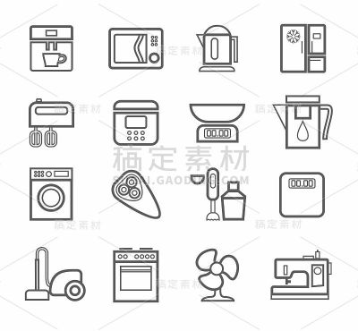 家用电器，图标，线条，白色背景。