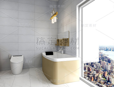 3D渲染，现代住宅清洁浴室设计，配备洗手盆，镜子，马桶，淋浴设备和浴缸