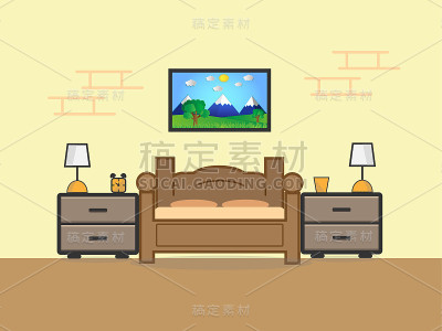 平面设计的卧室和书桌与时钟和灯，墙上画