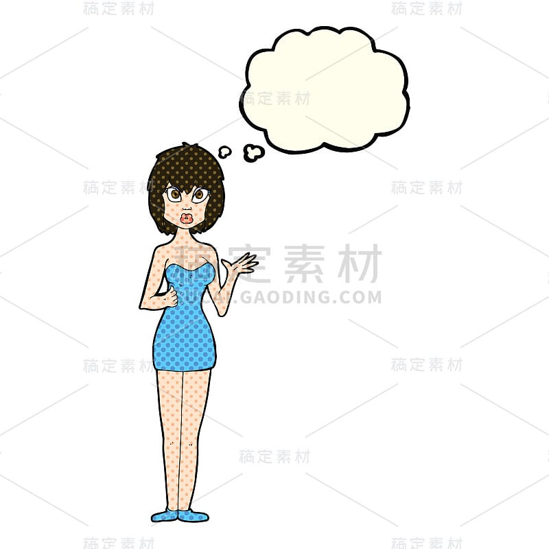 卡通困惑的女人穿着鸡尾酒服与思想泡泡