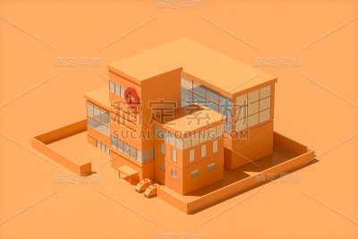 橙色背景的医院模型，3d渲染。