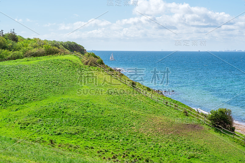 绿色的田野与海洋背景，夏天的风景，瑞典