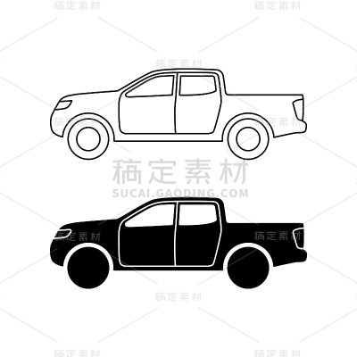 皮卡车图标线和白色背景上的黑色填充