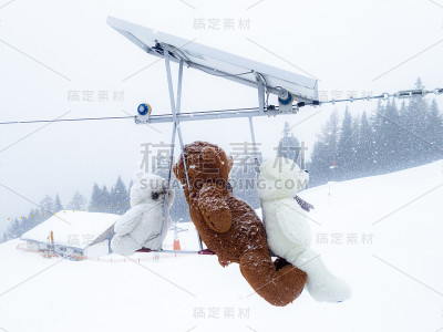 瑞士阿尔卑斯山下大雪，三只带着可爱领带的泰迪熊