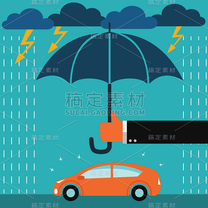 保险代理人站在雷雨下用雨伞保护汽车