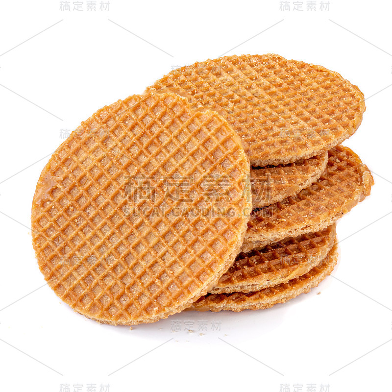 荷兰焦糖华夫饼，堆叠圆形的stroopwafel孤立在白色的背景