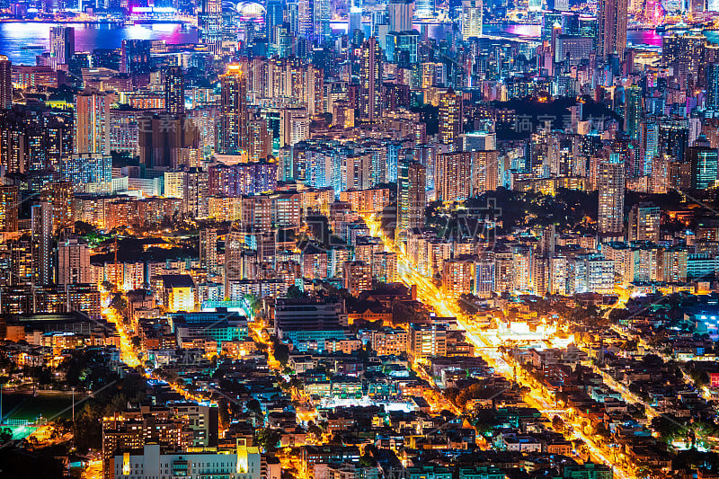 香港夜景，九龙区，从狮子山拍摄。