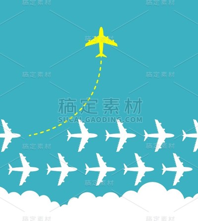 想想不同的商业概念插图，亮黄色的飞机改变方向和白色的