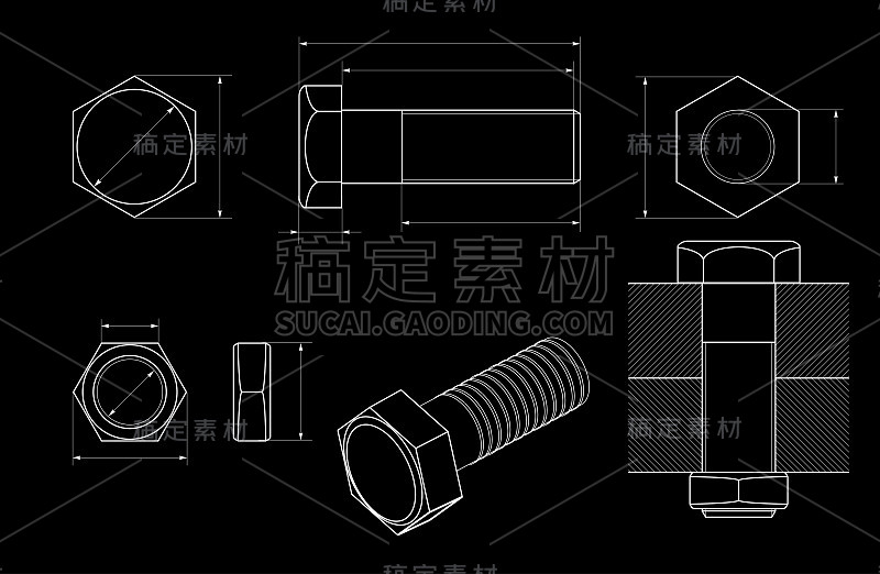 黑色背景的金属螺栓技术图纸