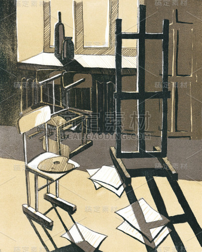 插图艺术家的工作坊与画架和纸，平版