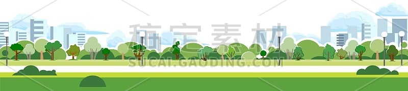 公园区域以城市为背景。草坪。树木和灯笼。美丽的夏天的城市。一个放松、散步和约会的地方。美丽的画面孤立