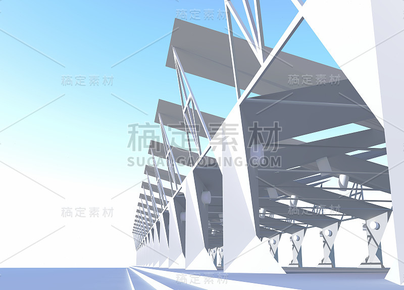 开放式建筑结构的3D渲染。现代建筑，如机库、车库或火车站。