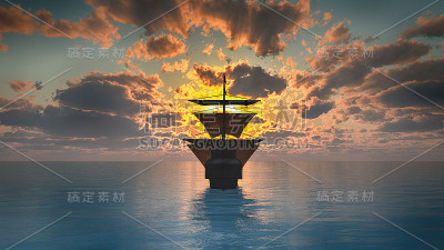 海上夕阳中的旧船