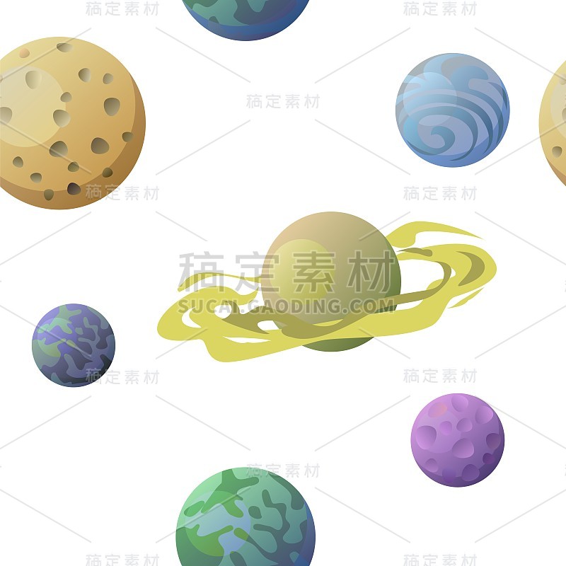 宇宙背景。行星和卫星。无缝模式。儿童插图。星空的风景。孤立。平的风格。卡通设计。向量