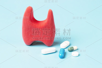 甲状腺模型和药片在蓝色背景正面视图，复制空间