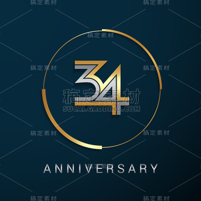 34周年纪念图标与金色和银色多线性数字在一个金色圈，孤立在黑暗的背景