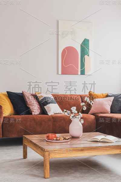 舒适的棕色天鹅绒沙发与枕头在优雅的客厅内部