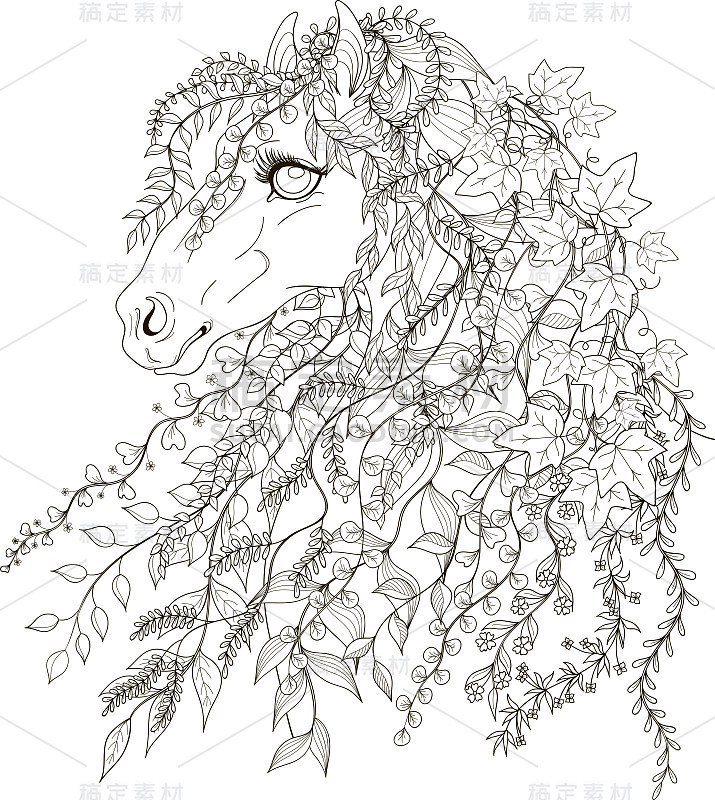 Stylized illustration of horse with flying twigs, 