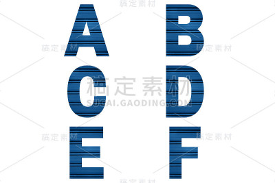 蓝色字体字母a, b, c, d, e, f，由涂漆百叶窗或卷帘制成。