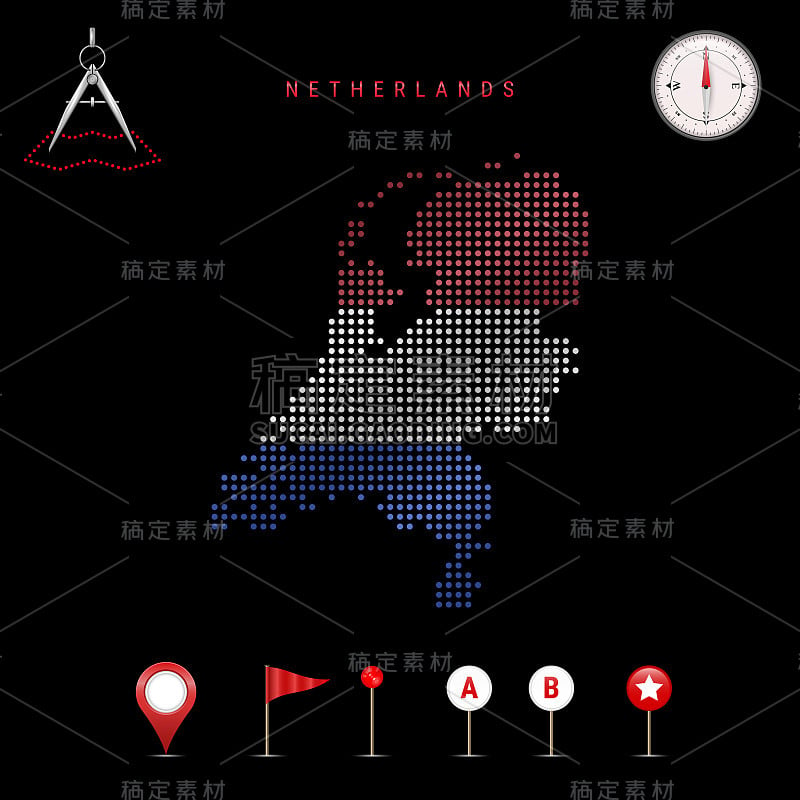 虚点矢量地图绘制的荷兰国旗颜色。挥舞着国旗的效果。地图工具图标集