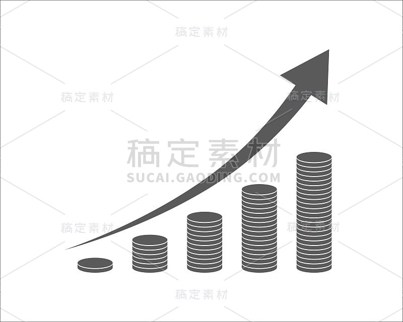 收入概念用硬币和箭头向上。矢量插图。