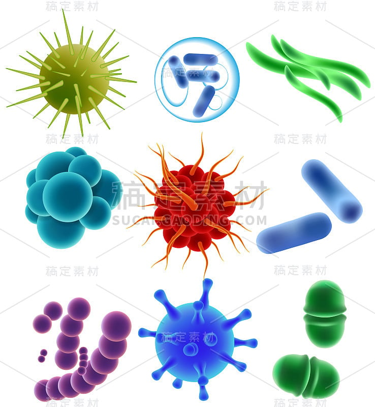 病毒，细菌和细菌图标设置，矢量现实插图