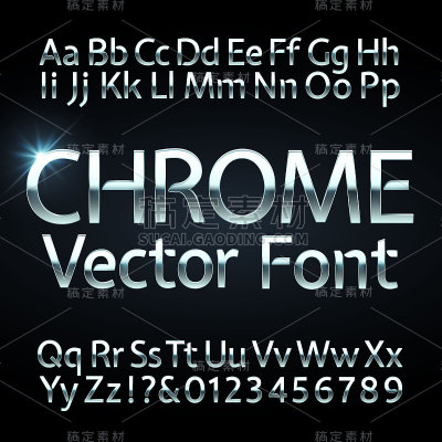 铬、钢或银字母和数字矢量字母。金属字体,字体