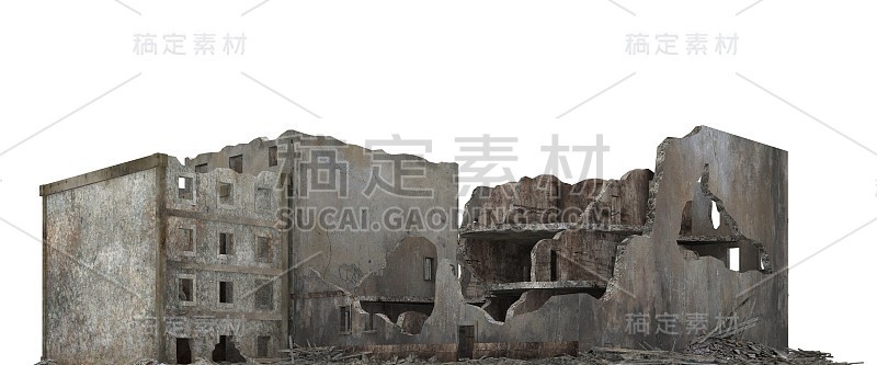 废弃的城市建筑孤立在白色3d插图