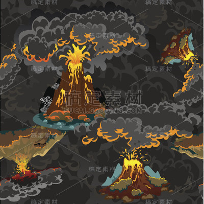 一组不同程度喷发的火山，一个沉睡或苏醒的危险的火山，从岩浆的灰烬和烟雾飞出，熔岩流下山的矢量插图