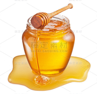 玻璃罐的蜂蜜和甜黏的蜂蜜水坑孤立在白色的背景。