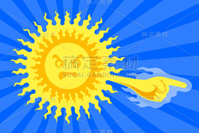 明亮的太阳和大手指向蓝色的背景