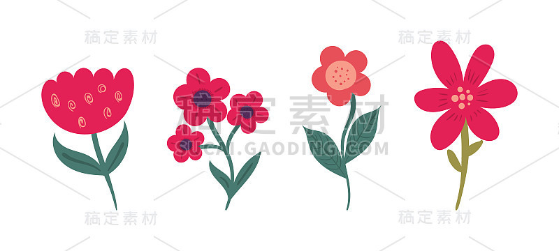 花的春天设置与涂鸦花叶。