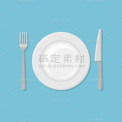 用刀叉清空盘子。前视图。平面风格矢量插图。