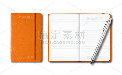 橙色的笔记本合上和打开与白色的笔隔离