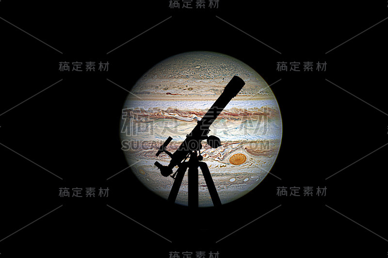 空间背景与望远镜轮廓。木星行星，孤立在黑色。