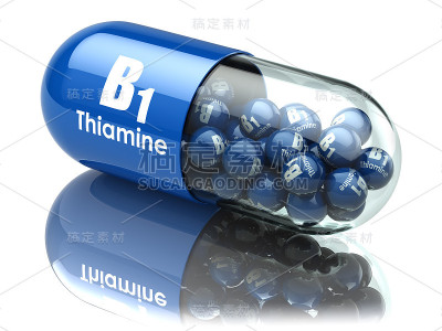 维生素B1胶囊。与硫胺素药丸。膳食补充剂。