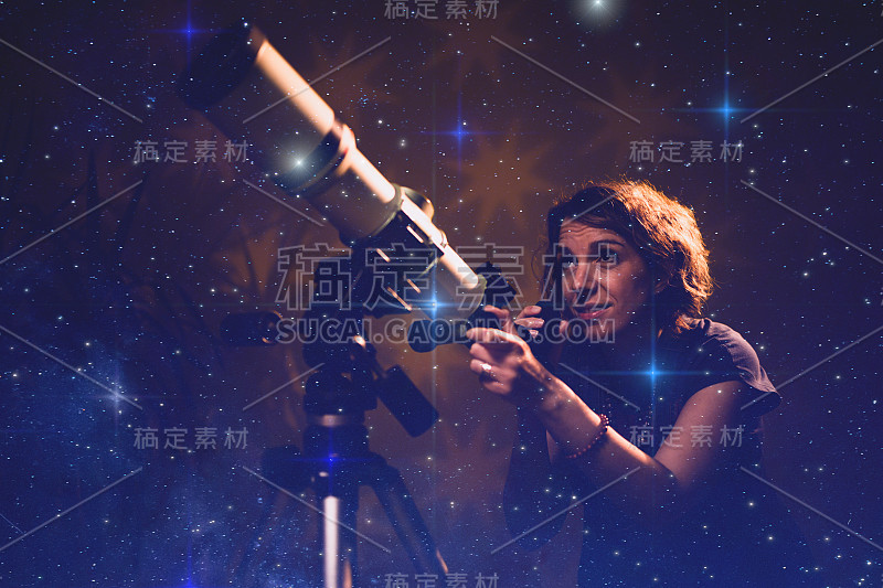 女人通过望远镜看星星——占星术的概念，占星术预测未来。